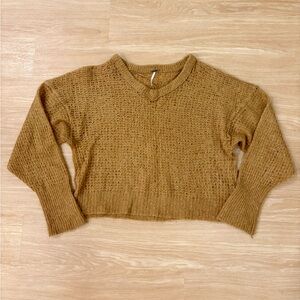 Free People Alpaca Wool Blend Cropped Open Knit Sweater Boho Textured Brown S